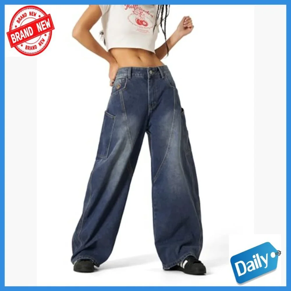 Men's Wide Leg Barrel Cut Jeans with Big Pockets, Unisex Streetwear